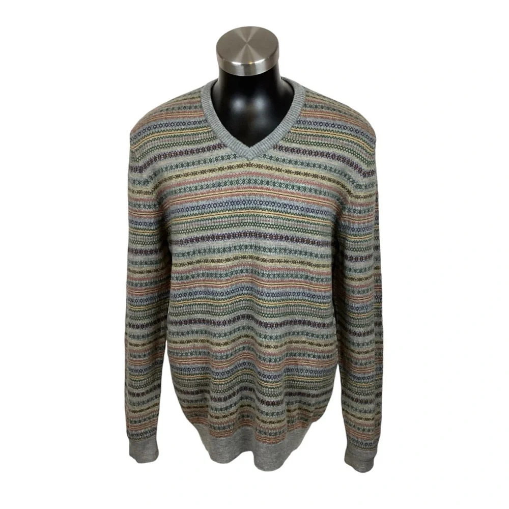 Lands End Nordic Fair Isle Merino Wool V Neck Sweater